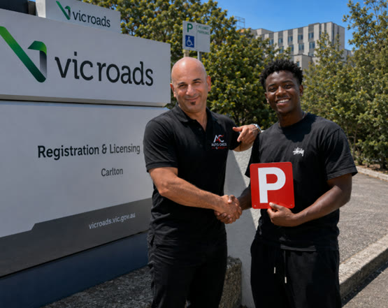 Andrew with a new P-plater outside VicRoads